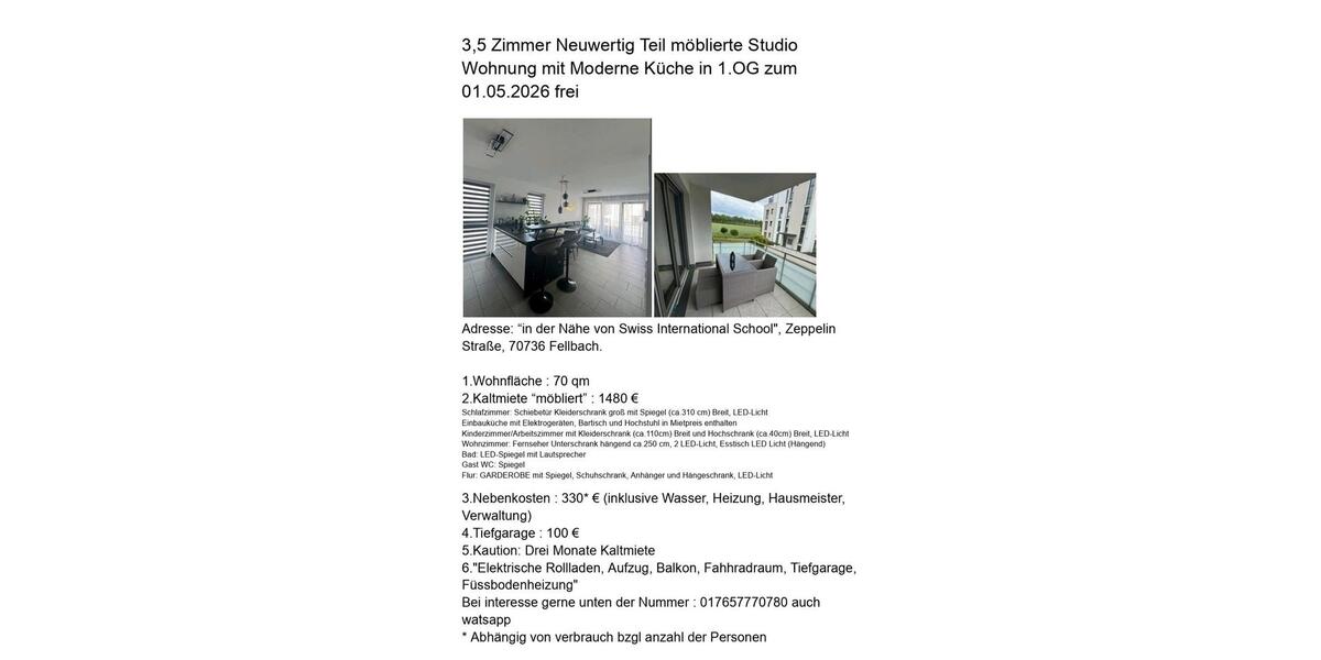 Etagenwohnung Fellbach Oeffingen - 3.5 Zimmer, 70 m&sup2;, 1.480&euro; | Angebot:25428433
