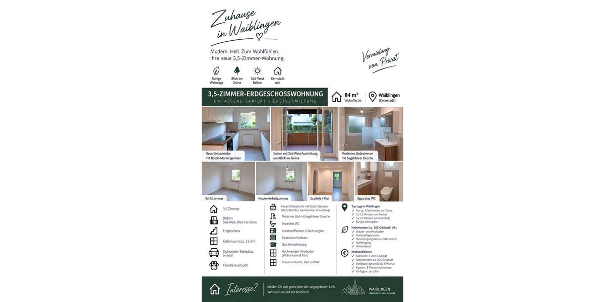 Erdgeschoßwohnung Waiblingen - 3.5 Zimmer, 84 m&sup2;, 1.200&euro; | Angebot:27570395