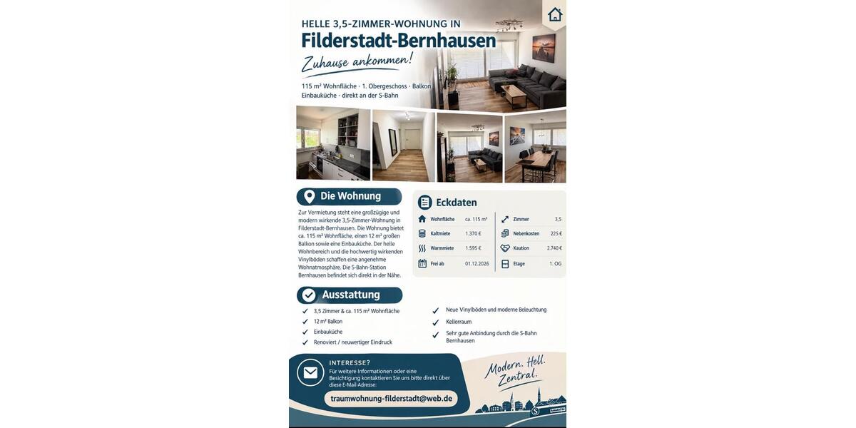 Etagenwohnung Filderstadt - 3.5 Zimmer, 115 m&sup2;, 1.595&euro; | Angebot:27583260