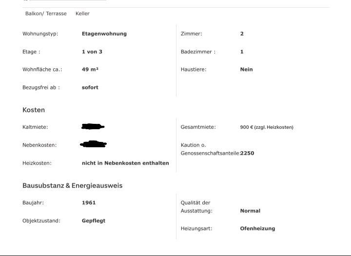 Etagenwohnung Stuttgart Bad Cannstatt - 2 Zimmer, 49 m&sup2;, 1.000&euro; | Angebot:25262532