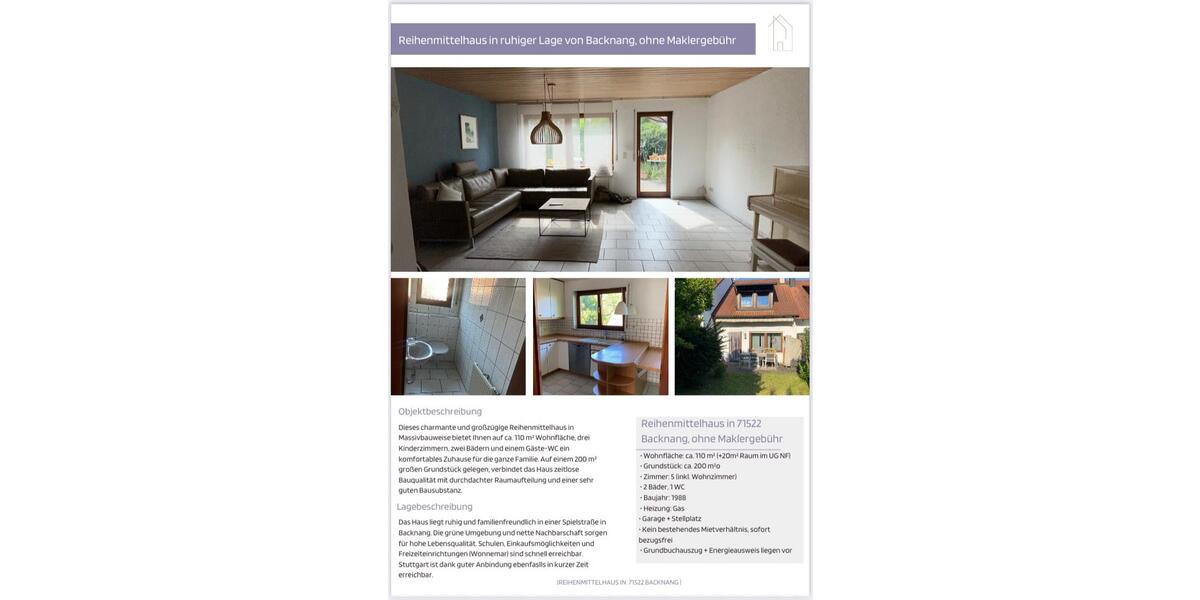 Reihenhaus Backnang - 5 Zimmer, 110 m&sup2;, 489.000&euro; | Angebot:25244358