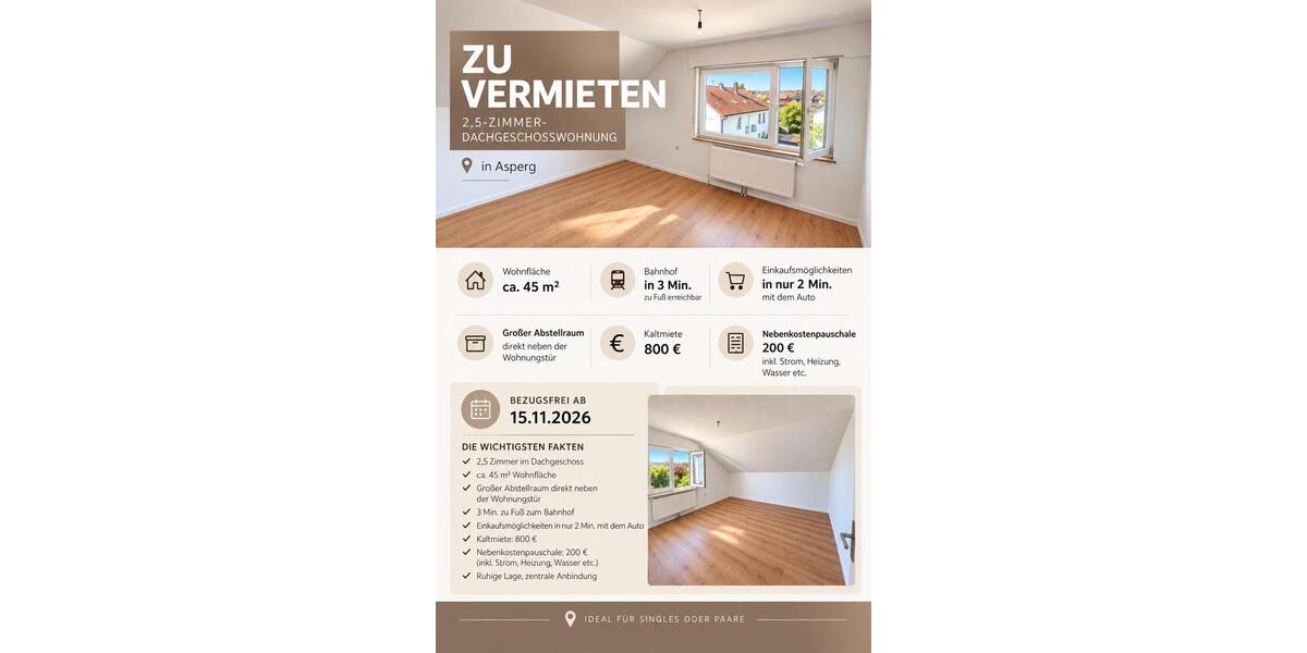 Dachgeschoßwohnung Asperg - 2.5 Zimmer, 45 m&sup2;, 800&euro; | Angebot:27570398