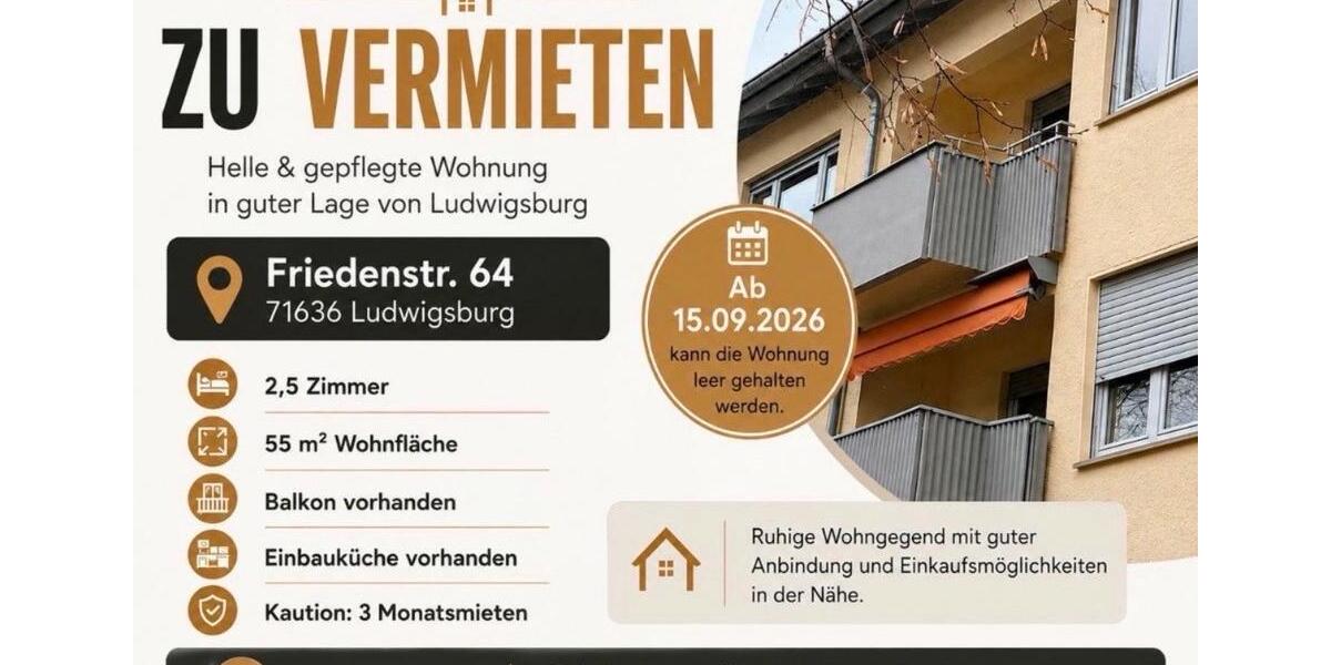 Etagenwohnung Ludwigsburg Pflugfelden - 3 Zimmer, 55 m&sup2;, 1.100&euro; | Angebot:27587671