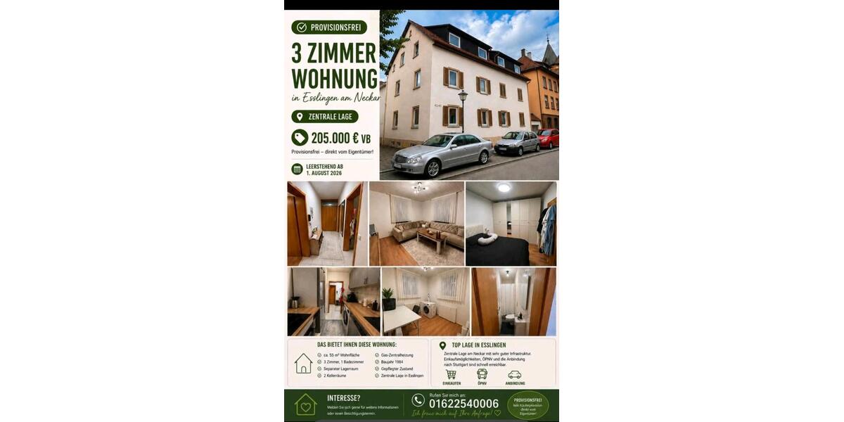 Etagenwohnung Esslingen am Neckar - 3 Zimmer, 55 m&sup2;, 195.000&euro; | Angebot:27226361