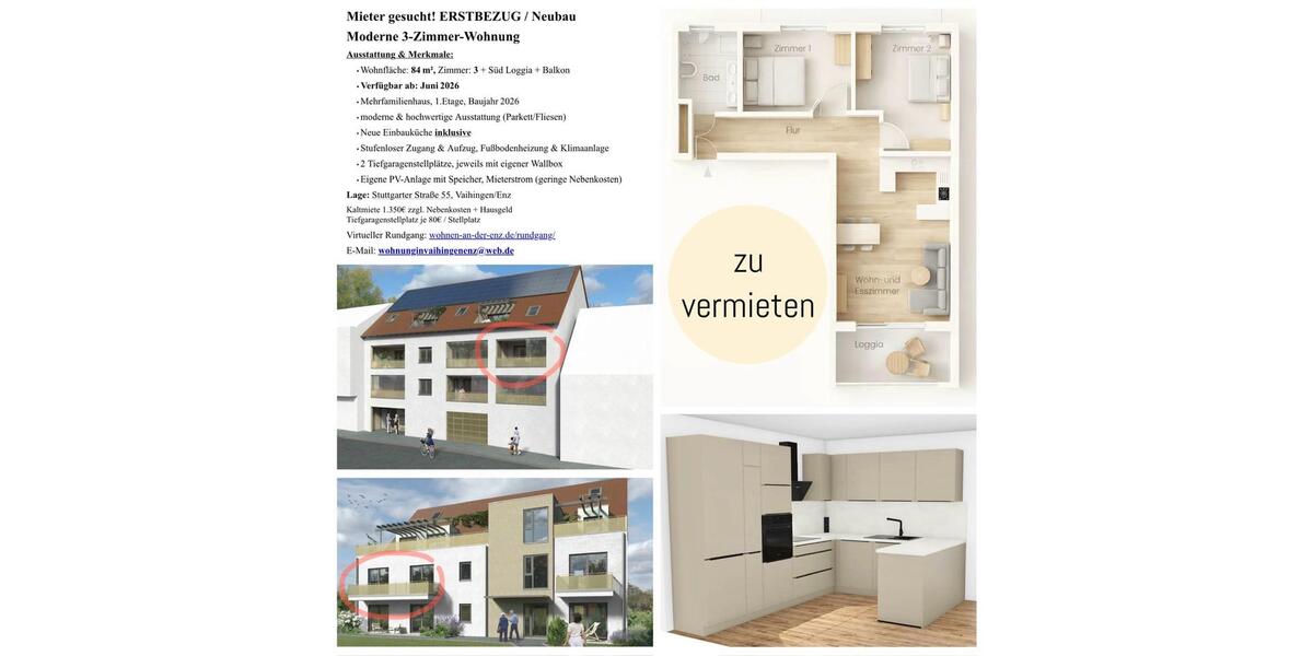 Etagenwohnung Vaihingen an der Enz - 3 Zimmer, 84 m&sup2;, 1.500&euro; | Angebot:24248133