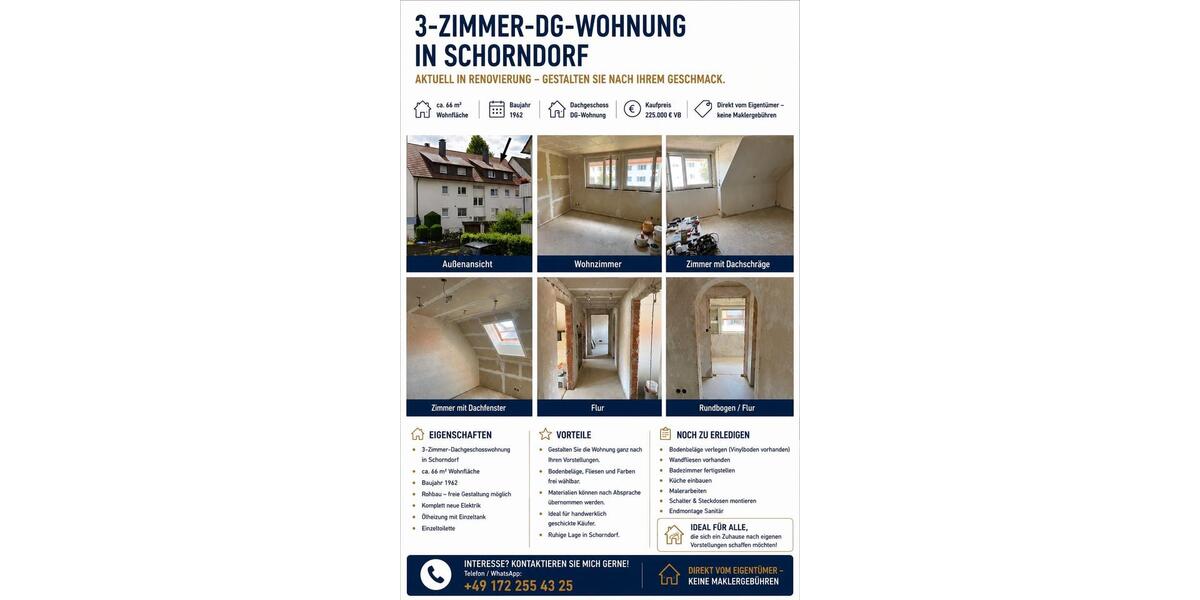 Dachgeschoßwohnung Schorndorf - 3 Zimmer, 66 m&sup2;, 225.000&euro; | Angebot:27230210