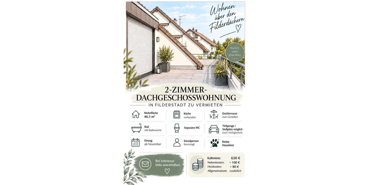 Dachgeschoßwohnung Filderstadt - 2 Zimmer, 47 m&sup2;, 650&euro; | Angebot:27564774