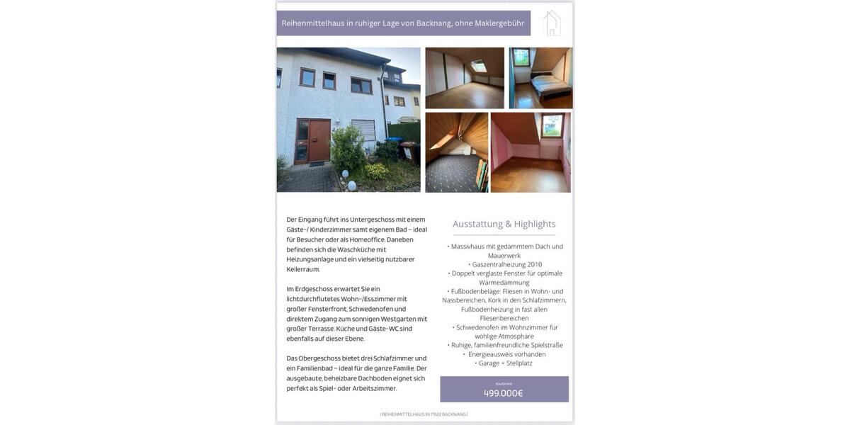 Reihenhaus Backnang - 5 Zimmer, 110 m&sup2;, 489.000&euro; | Angebot:25244358